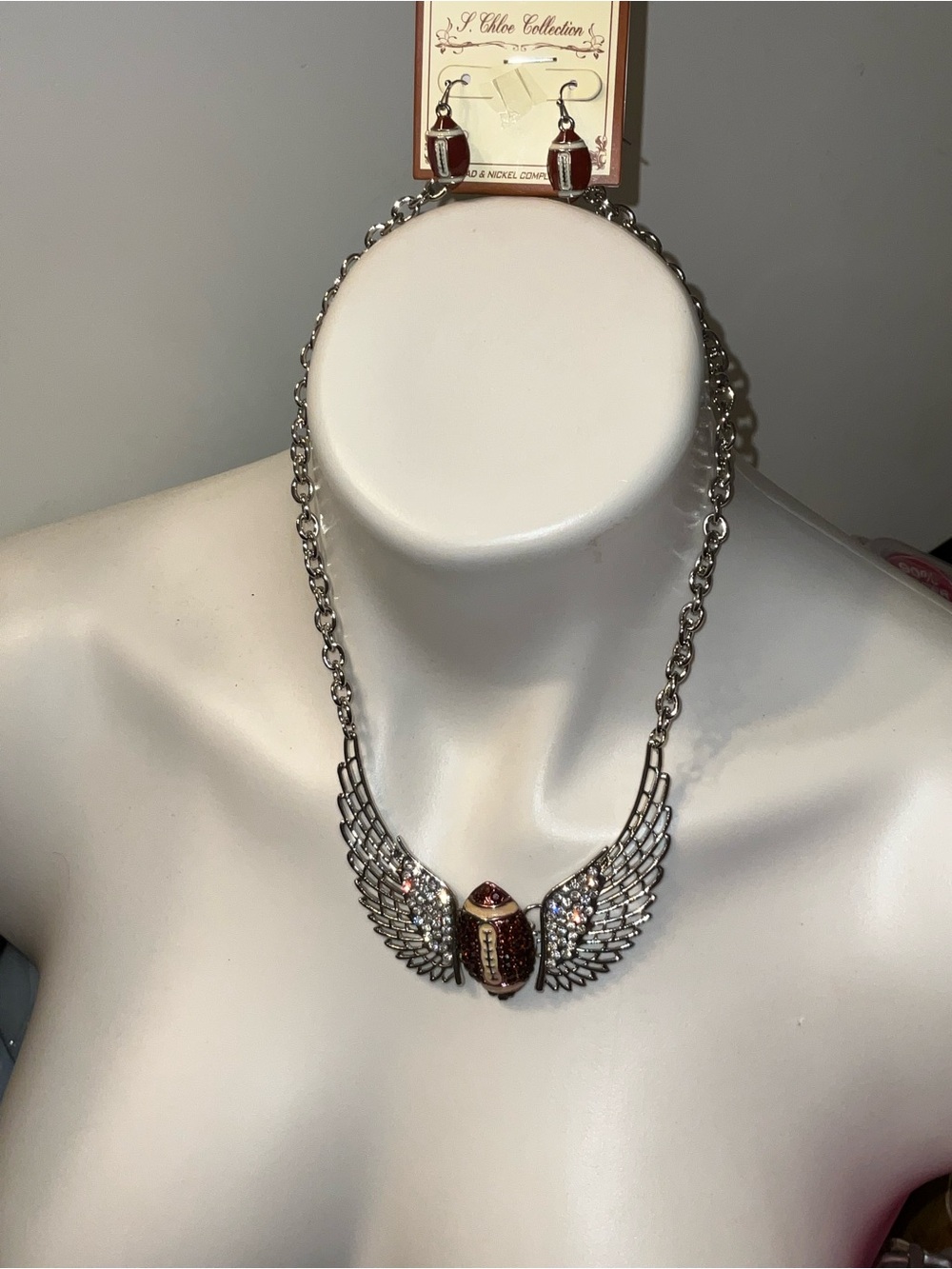 rhinestone-encrusted winged football necklace statement set sport fashion NEW